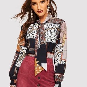 NEW Elegant TOP Tie Neck Mixed Print Shirt Blouse